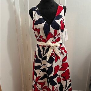 Liz Claiborne women's dress with a red, white, and blue floral or leaf print